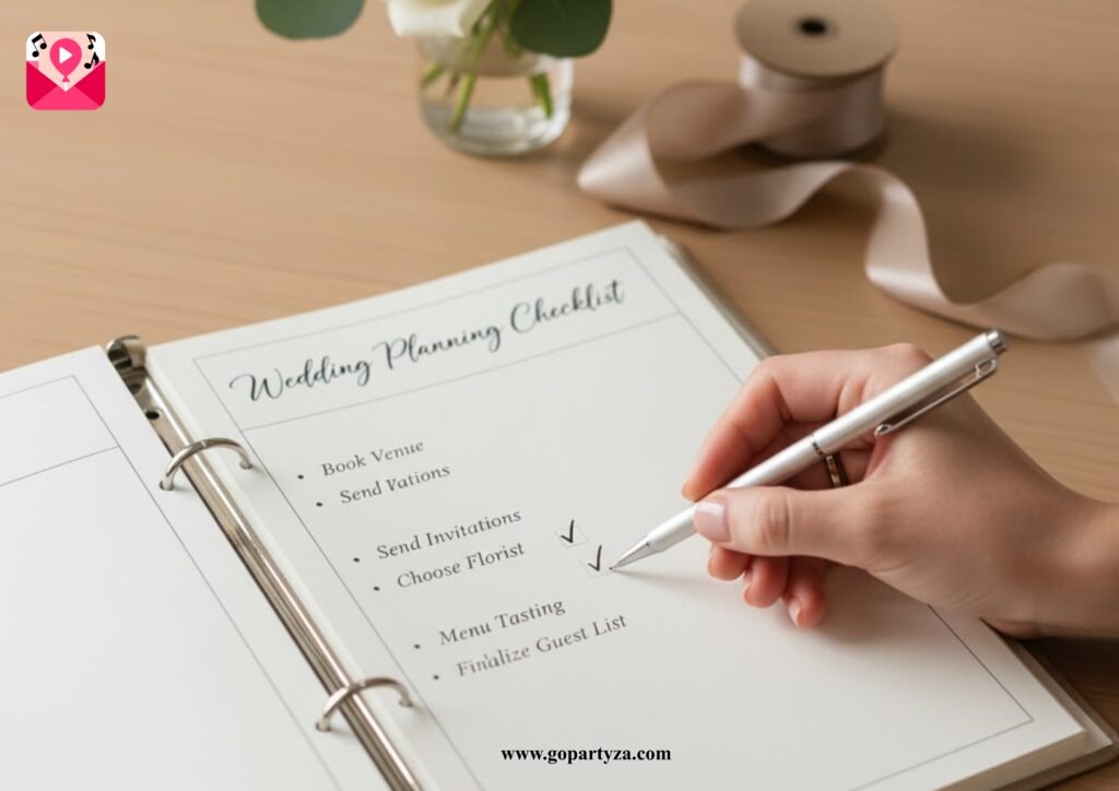 A person checking off tasks on a wedding planning checklist.