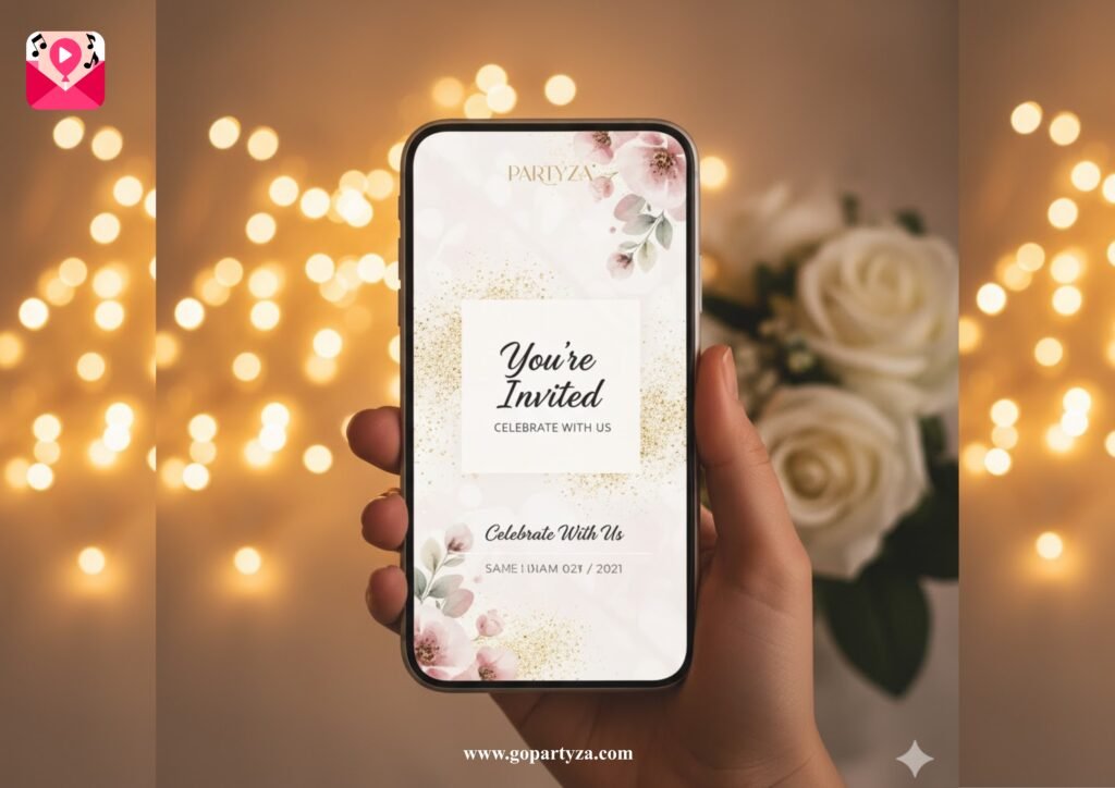 A Partyza wedding video invitation on a smartphone.