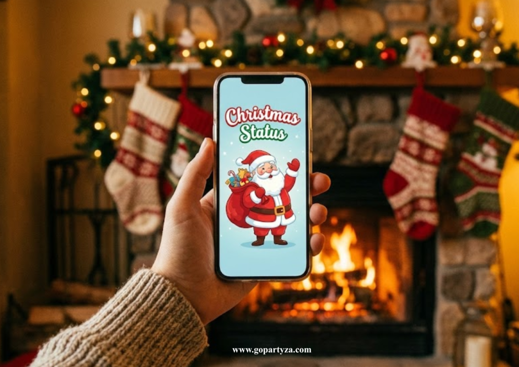 Hand holding phone displaying animated Christmas WhatsApp status video.