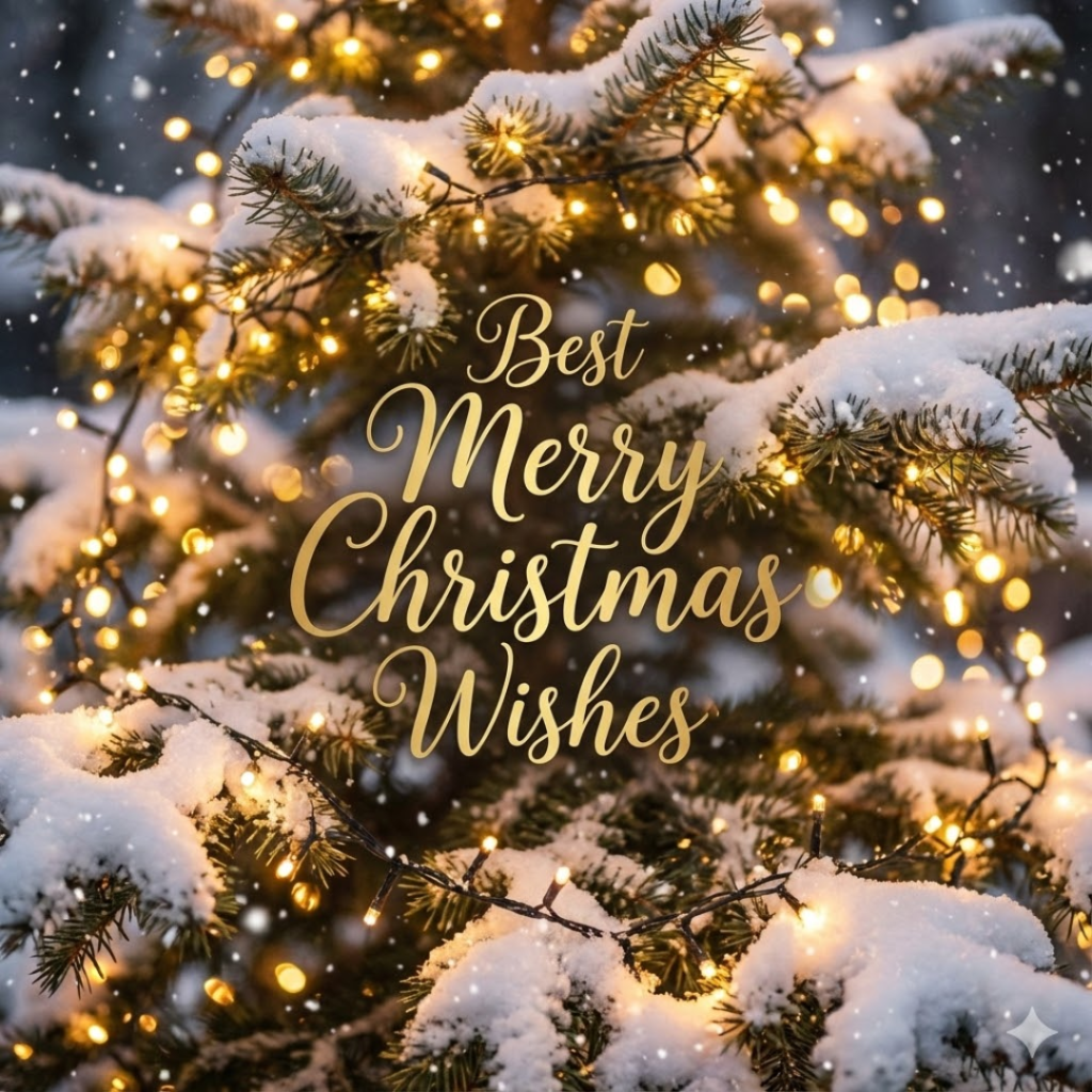 Best Merry Christmas wishes text on a snowy Christmas tree background.