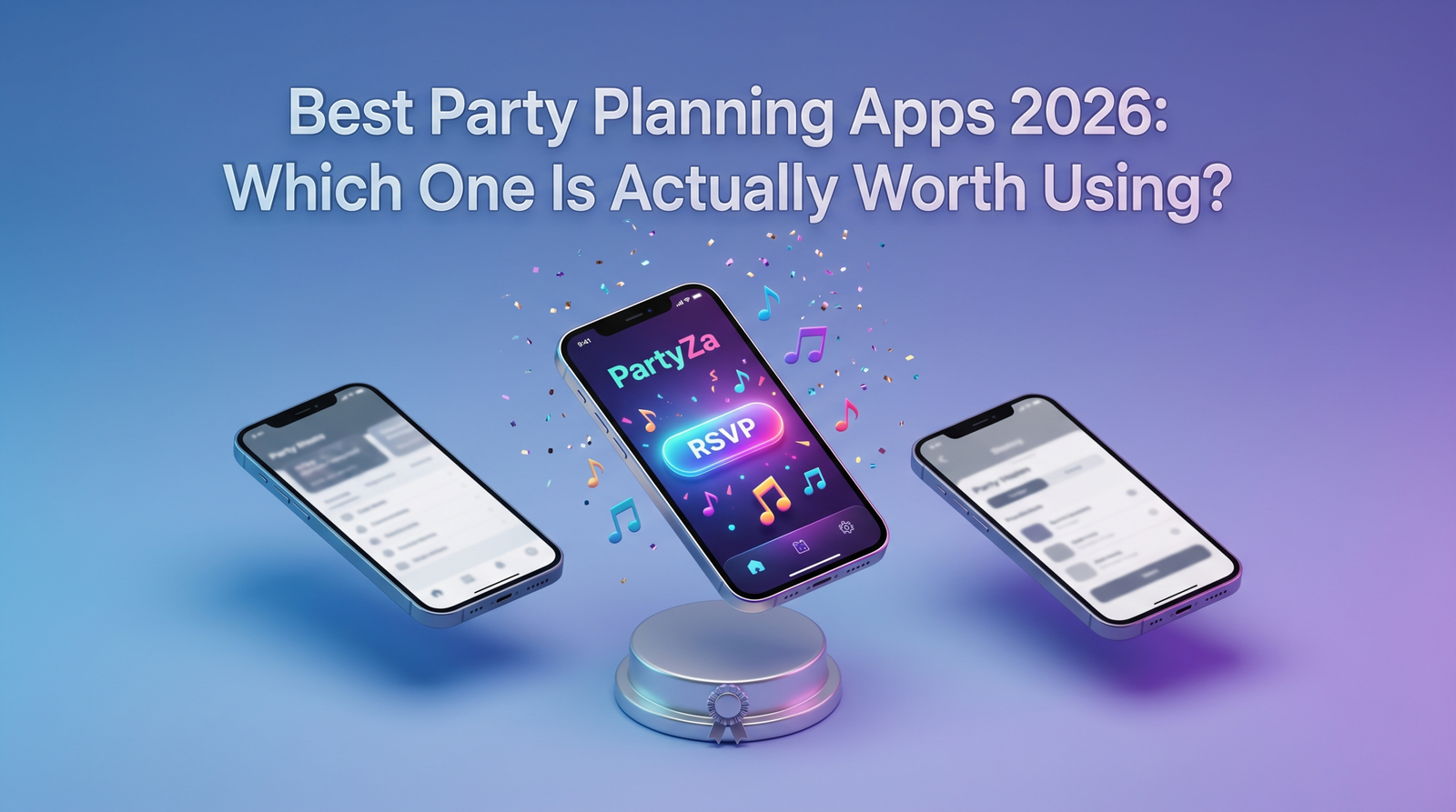 Featured Image Prompt (Strict Aspect Ratio: 16:9 - 1600x900 Pixels) Concept: A modern visual "Comparison Guide" with your blog heading as the central design element. AI Prompt: A sleek, high-tech isometric graphic showing three smartphones floating against a minimalist background with a blue-to-purple gradient. The center phone prominently displays the colorful PartyZa app interface with a large "RSVP" button and vibrant music notes, surrounded by tiny sparkling confetti. Floating in elegant, clean 3D typography above the comparison are the words: "Best Party Planning Apps 2026: Which One Is Actually Worth Using?" A subtle silver pedestal with a small ribbon is placed under the PartyZa phone to show it is the winner. Highly polished, photorealistic, cinematic 4k render, optimized for a website header image.